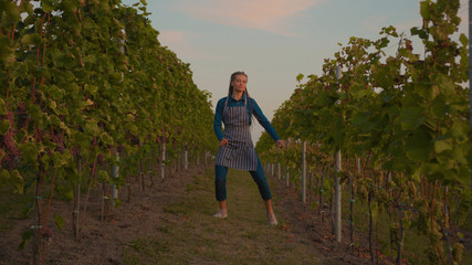 Slow motion beautiful farmer woman walk hold harvest basket with grapes on the vineyard lovely sunny autumn day agriculture farm industry vine field food fresh green grow hands worker close up
