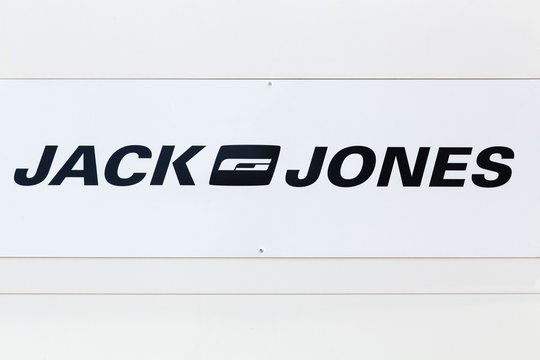 Saint Egreve, France - June 25, 2017: Jack and Jones logo on a wall. The Jack and Jones brand is sold in approximately 2,000 retail shops, of which 270 are Jack & Jones franchises