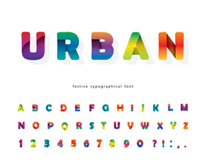 Paper cut out 3d alphabet. Modern urban font. Origami trendy letters and numbers. Multicolored. For banner, brochure, poster, flyer design. Isoladed on white. Vector