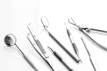 Dental instruments - set with mirrors - on white background close up copy space