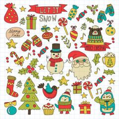 Christmas element in doodle kids drawing style. Vector pattern.