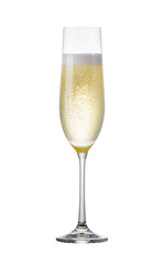 Glass for champagne with splashes isolated on white background.