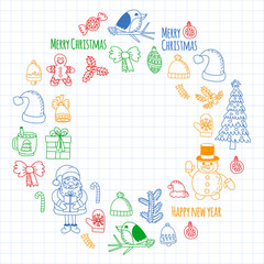 Christmas element in doodle kids drawing style. Vector pattern.