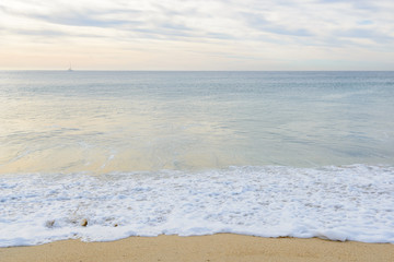 Set of six pictures of a fantastic ocean wave in different stages. Cloudy sunrise sky. San Jose del Cabo. Mexico.