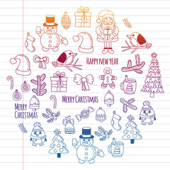 Christmas element in doodle kids drawing style. Vector pattern.