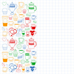 Coffee menu. Vector pattern with cappuccino, espresso. Kitchen, cooking, beverages.