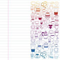 Coffee menu. Vector pattern with cappuccino, espresso. Kitchen, cooking, beverages.