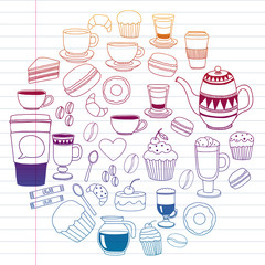 Coffee menu. Vector pattern with cappuccino, espresso. Kitchen, cooking, beverages.