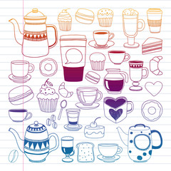 Coffee menu. Vector pattern with cappuccino, espresso. Kitchen, cooking, beverages.
