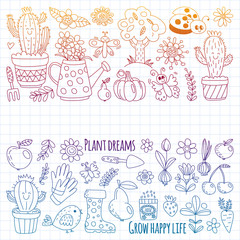 Cute gardening. Icons for banners. Vector pattern for backgrounds.