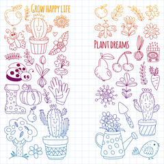 Cute gardening. Icons for banners. Vector pattern for backgrounds.