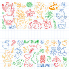 Fototapeta premium Cute gardening. Icons for banners. Vector pattern for backgrounds.