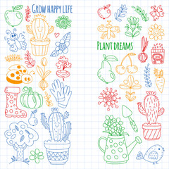 Cute gardening. Icons for banners. Vector pattern for backgrounds.