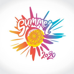Vector logo Summer 2020. Bright rays of the colorful sun, an inscription by hand and a circle of ethnic ornament. Stylish seasonal pattern.