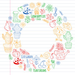 Cute gardening. Icons for banners. Vector pattern for backgrounds.