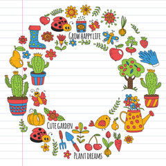 Cute gardening. Icons for banners. Vector pattern for backgrounds.