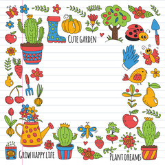 Fototapeta premium Cute gardening. Icons for banners. Vector pattern for backgrounds.