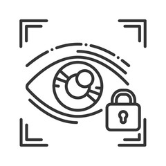 Eye identification private protection or locked black line icon. Blocked user account, private, safe or secure data, access denied. Biometric security element. Sign for web page, mobile app, banne