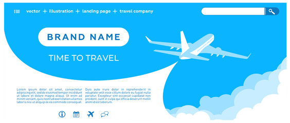 Air ticket sale - Landing page template. Sky scenery background - dark blue sky, clouds, flying planes, website icons. Vector illustration © Kiselov