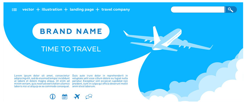 Air ticket sale - Landing page template. Sky scenery background - dark blue sky, clouds, flying planes, website icons. Vector illustration