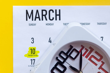 10th march 2020. Daylight saving day highlighted marked on March calendar