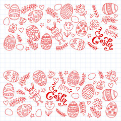 Happy Easter. Vector pattern with eggs, bunny, flowers.