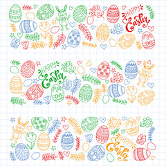 Happy Easter. Vector pattern with eggs, bunny, flowers.