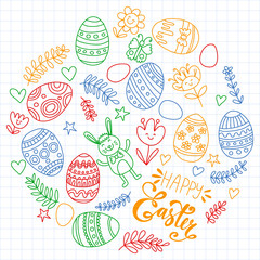 Happy Easter. Vector pattern with eggs, bunny, flowers.