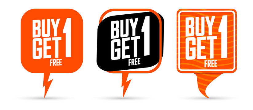 Set Buy 1 Get 1 Free tags, BOGO speech bubble banners design template, sale badge collection, vector illustration