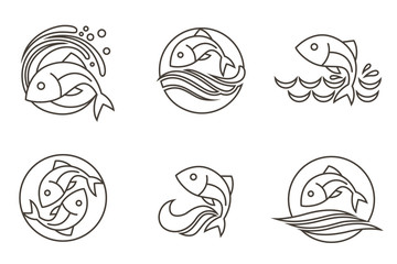 collection of line fish icon with waves isolated on white background