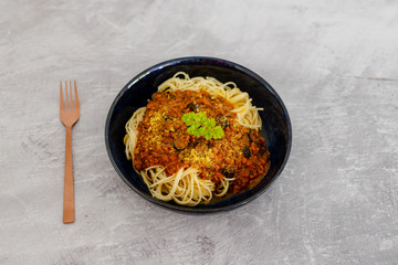 spaghetti bowl with vegan bolognaise sauce made with textured vegetable protein