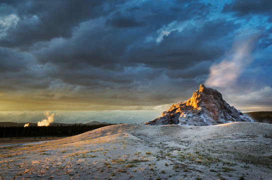 Clearing storm at sunset by White Dome Geyser, Yellowstone National Park, Wyoming, United States