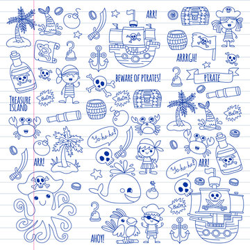 Vector pattern with pirate icons. Adventure, birthday party.