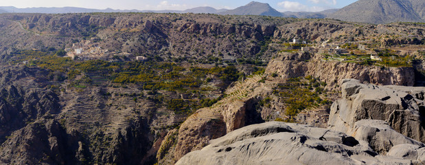 View of the terraced orchards from Diana viewpoint on Saiq plateau, Oman