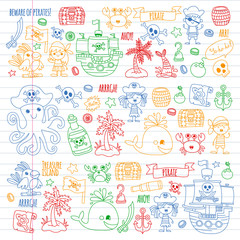 Vector pattern with pirate icons. Adventure, birthday party.