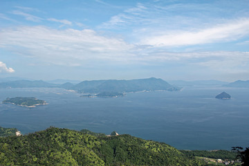 Miyajima, Japan - July 20, 2019: A far side of Hiroshima Bay as seen from the top of Misen...