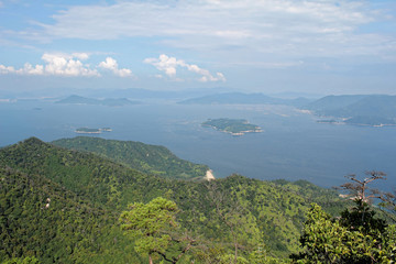 Miyajima, Japan - July 20, 2019: A far side of Hiroshima Bay as seen from the top of Misen...