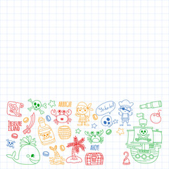 Vector pattern with pirate icons. Adventure, birthday party.