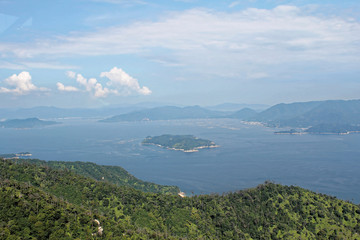 Miyajima, Japan - July 20, 2019: A far side of Hiroshima Bay as seen from the top of Misen mountain, Miyajima