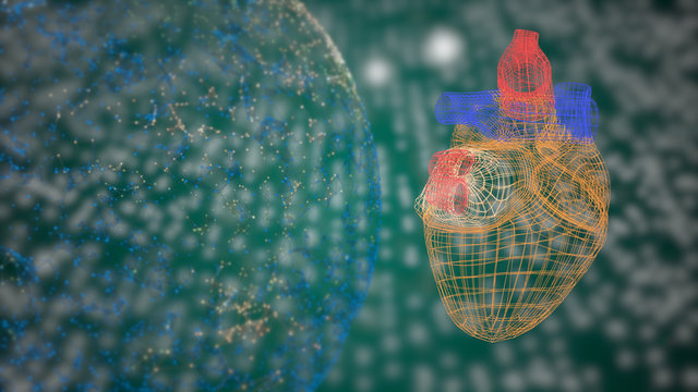 3d model of human heart on the monitor of abstract blurred rows of dots.