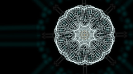 Abstract theme of concentric white pattern giving green rays on a black background.