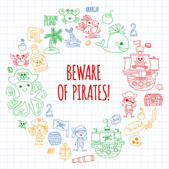 Vector pattern with pirate icons. Adventure, birthday party.