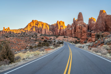 Winter sunrise driving in Arches National Park