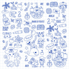 Vector pattern with pirate icons. Adventure, birthday party.