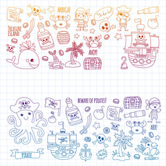 Fototapeta na wymiar Vector pattern with pirate icons. Adventure, birthday party.