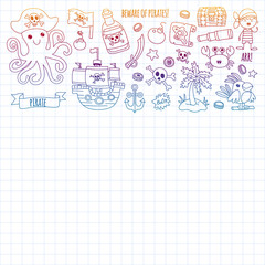 Vector pattern with pirate icons. Adventure, birthday party.