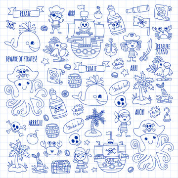 Vector pattern with pirate icons. Adventure, birthday party.