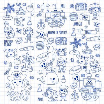 Vector pattern with pirate icons. Adventure, birthday party.