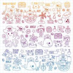 Vector pattern with pirate icons. Adventure, birthday party.