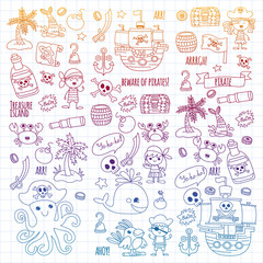 Vector pattern with pirate icons. Adventure, birthday party.